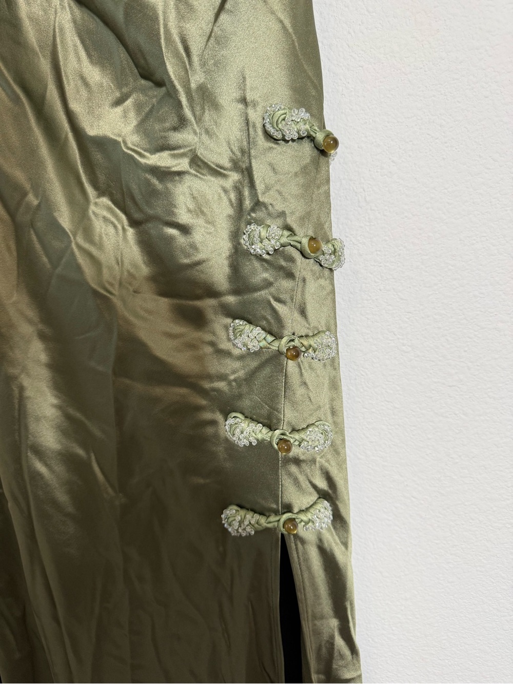 Sau Lee Priscilla Gown Olive Green Satin Maxi Dress Asian Inspired Formal Slit 4 - Picture 3 of 9